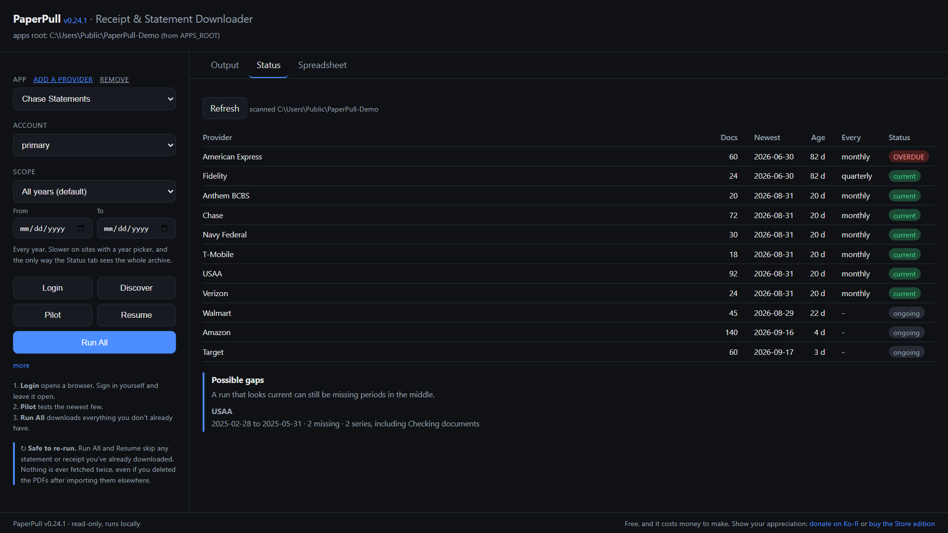 The Status tab: eleven archives, one marked overdue, one with a gap in the middle of 2025.