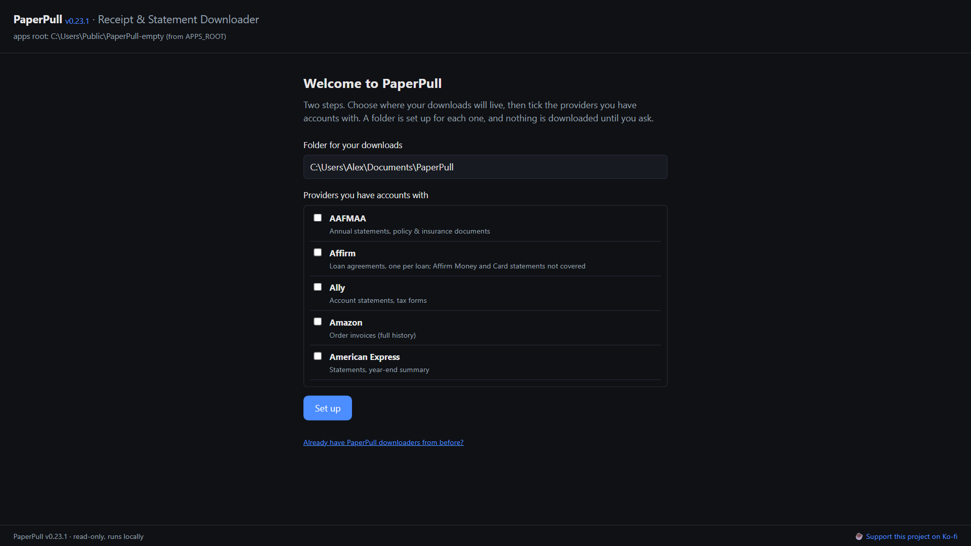 The first-run screen: a folder box reading C:\Users\Alex\Documents\PaperPull, and a checklist of providers starting with AAFMAA, Affirm, Ally, Amazon and American Express.
