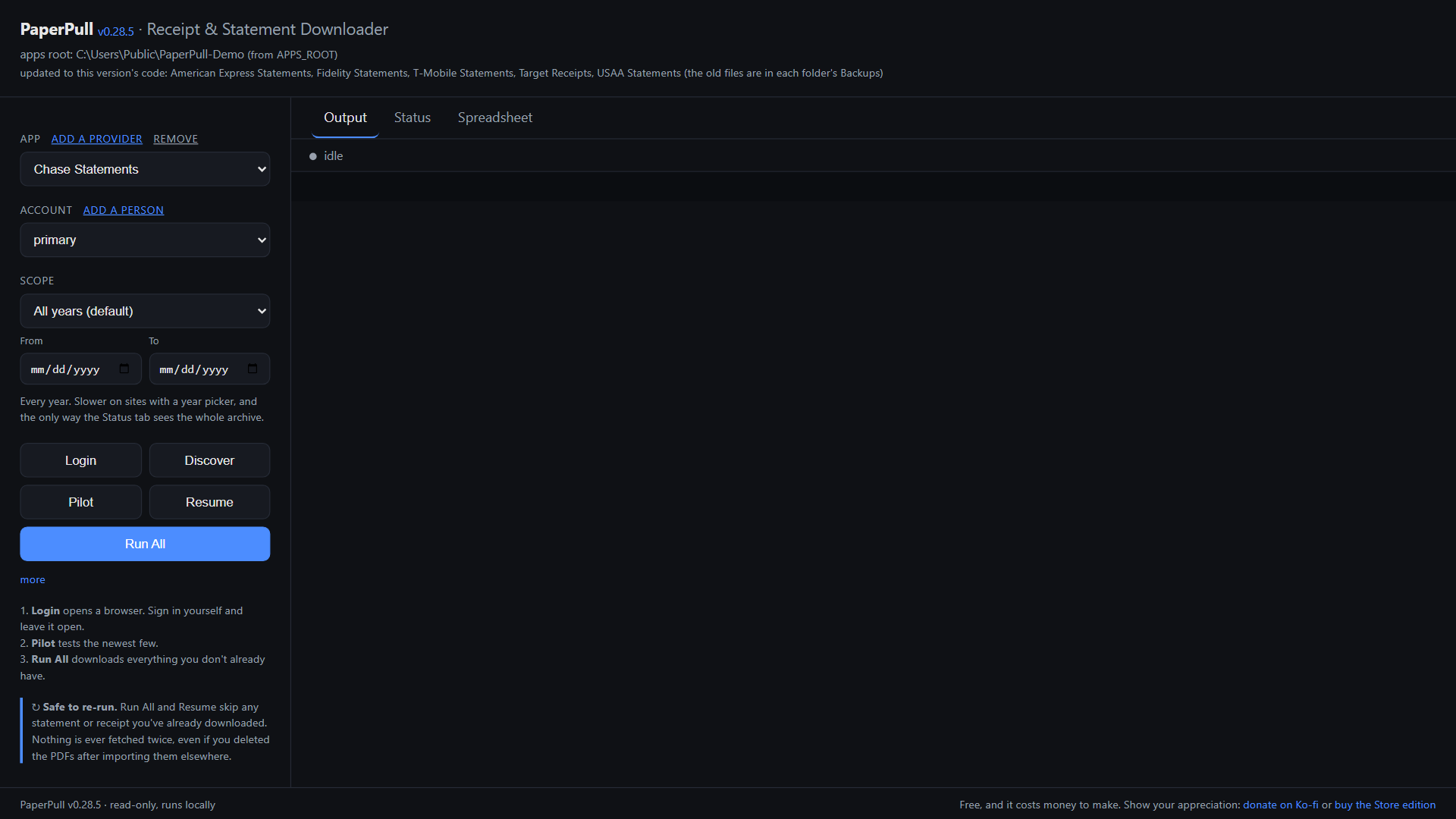 The control panel with Chase Statements chosen in the App box, primary in the Account box, All years in the Scope box, and the Login, Discover, Pilot, Run All and Resume buttons beneath.